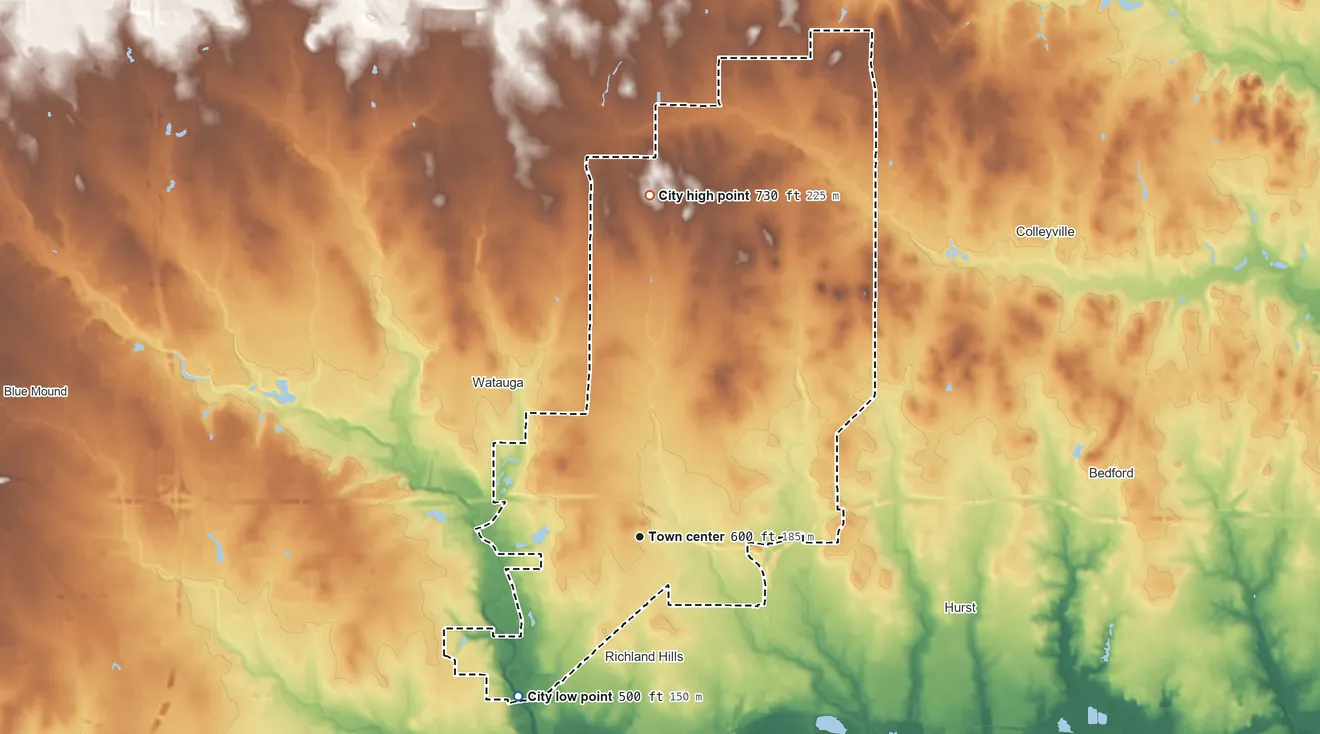 Topographic elevation map of North Richland Hills, Texas, shaded from 500 ft on the southwest side to 730 ft on the north side