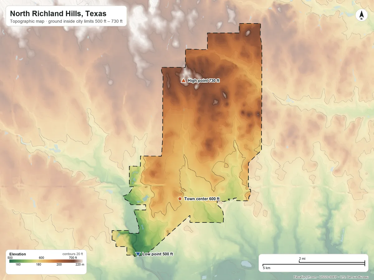 Topographic elevation map of North Richland Hills, Texas, shaded from 500 ft on the southwest side to 730 ft on the north side