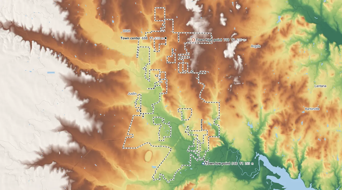Topographic elevation map of Northlake, Texas, shaded from 540 ft on the south side to 760 ft on the east side