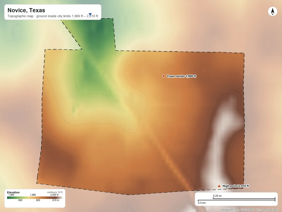 Topographic elevation map of Novice, Texas, shaded from 1,960 ft on the northwest side to 2,010 ft on the southeast side