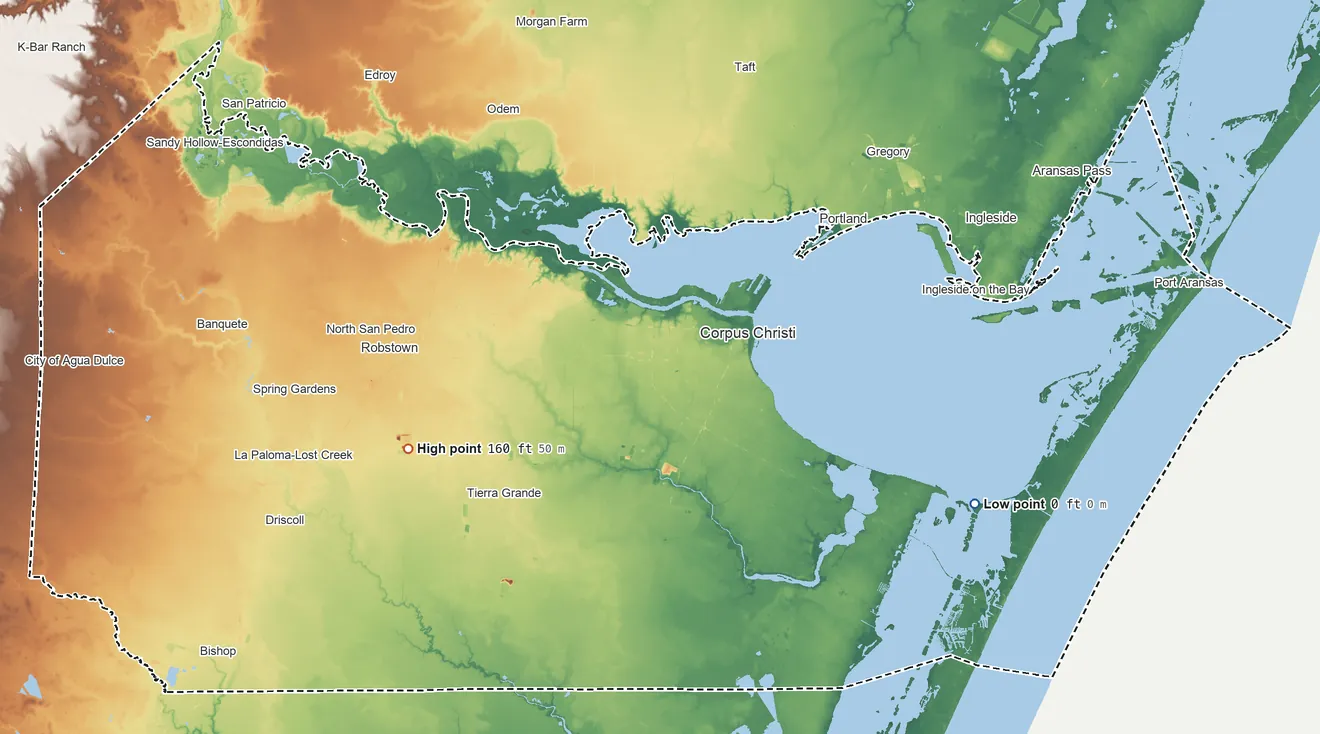 Topographic elevation map of Nueces County, Texas, shaded from sea level on the Laguna Madre to 160 ft on the west side