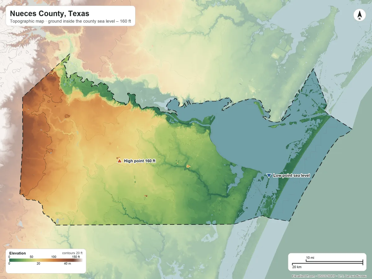 Topographic elevation map of Nueces County, Texas, shaded from sea level on the Laguna Madre to 160 ft on the west side