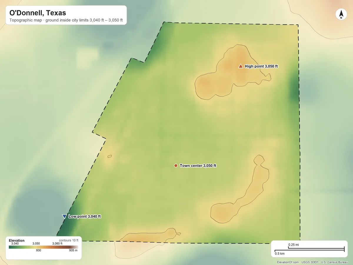 Topographic elevation map of O'Donnell, Texas, shaded from 3,040 ft on the southwest side to 3,050 ft on the northeast side