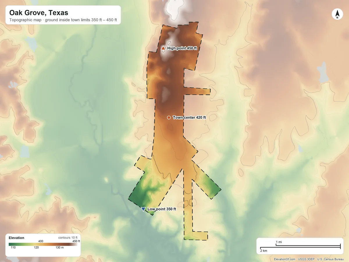 Topographic elevation map of Oak Grove, Texas, shaded from 350 ft on the south side to 450 ft on the north side