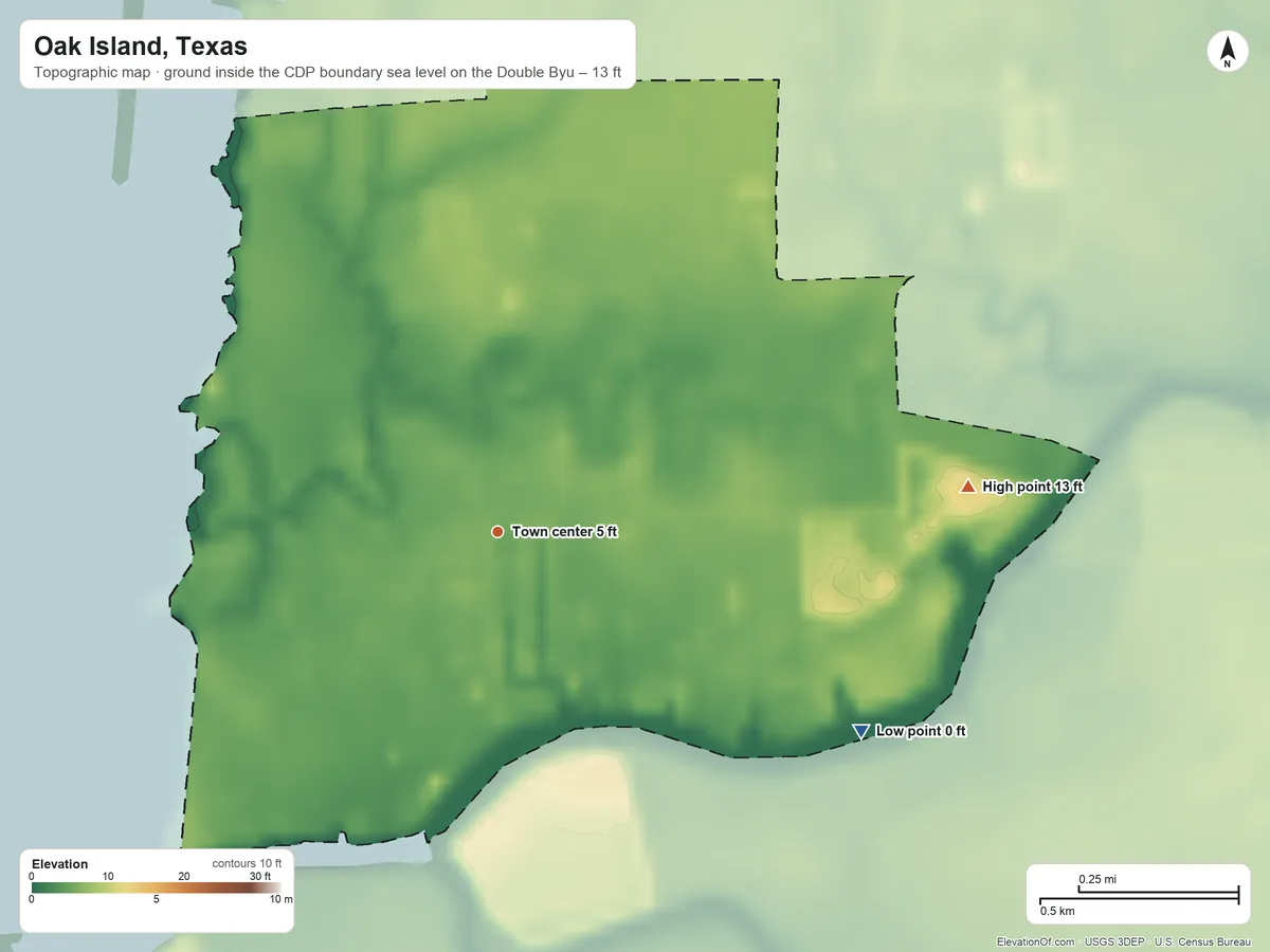 Topographic elevation map of Oak Island, Texas, shaded from sea level level on the Double Bayou to 13 ft on the east side