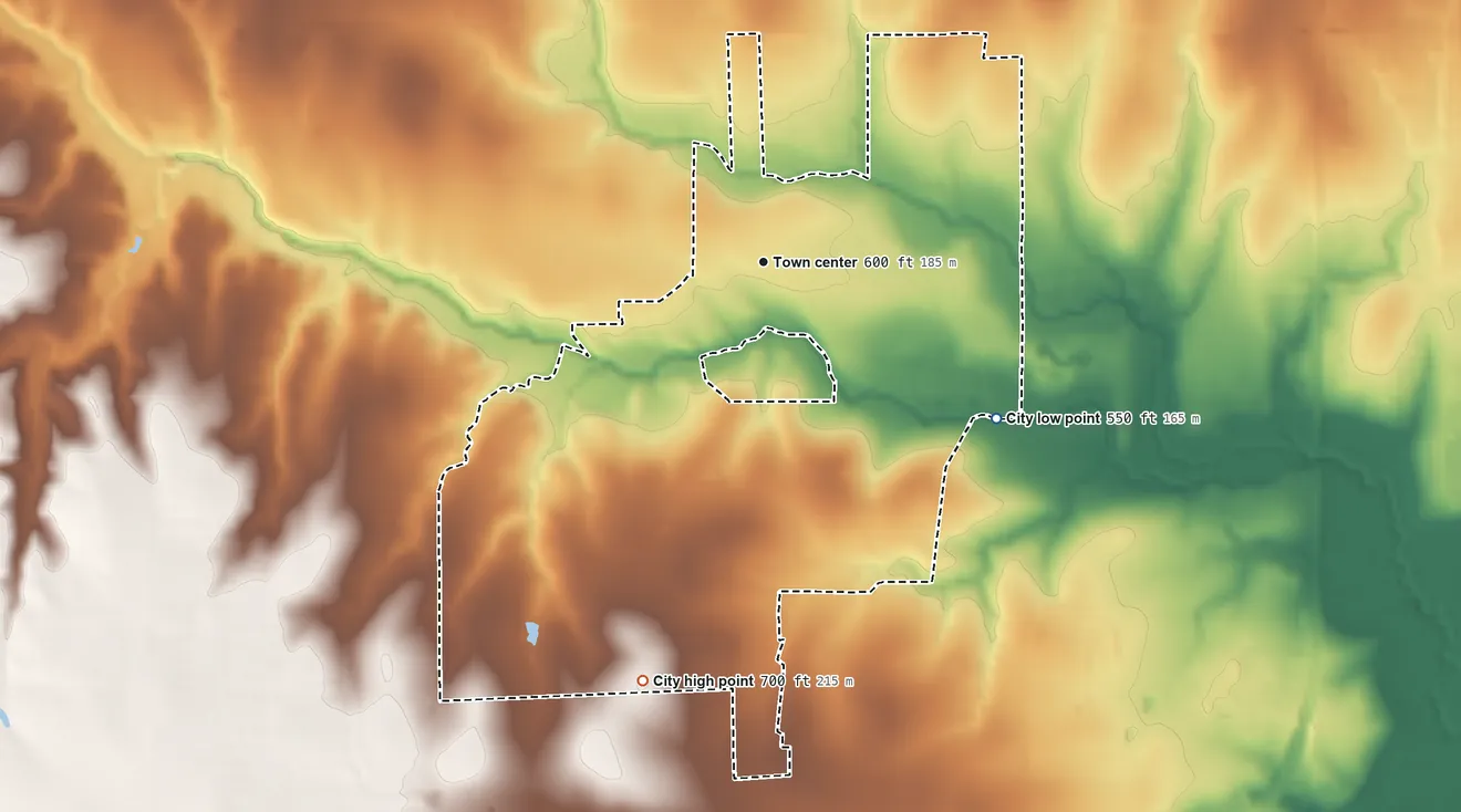 Topographic elevation map of Oak Leaf, Texas, shaded from 550 ft on the southeast side to 700 ft on the south side