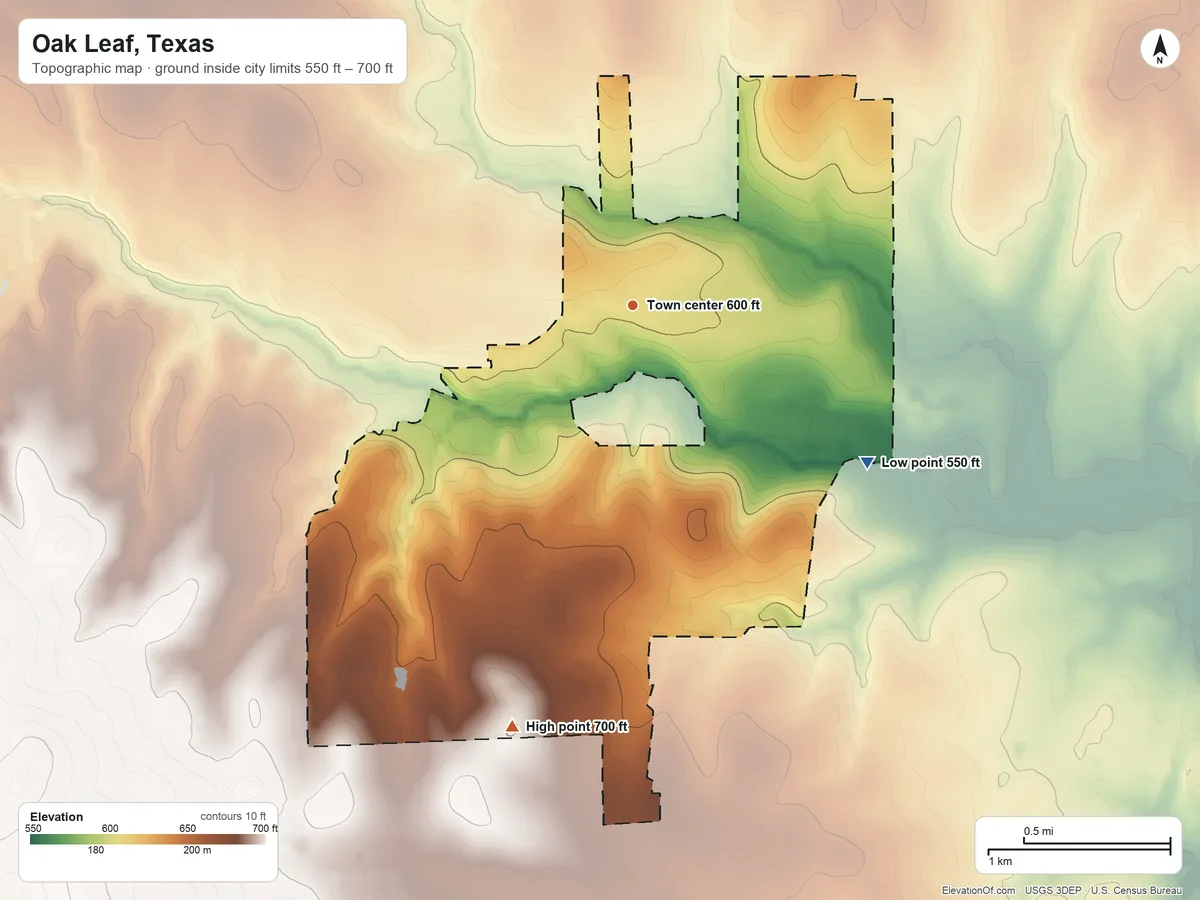 Topographic elevation map of Oak Leaf, Texas, shaded from 550 ft on the southeast side to 700 ft on the south side
