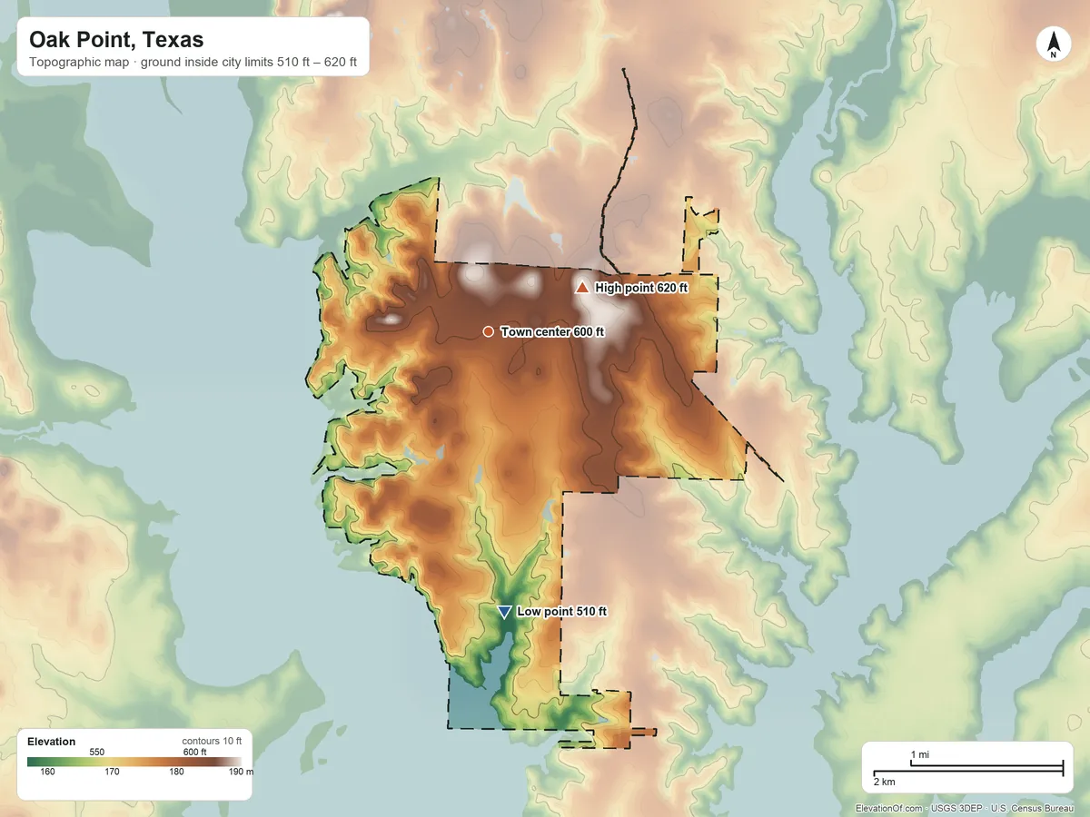 Topographic elevation map of Oak Point, Texas, shaded from 510 ft on the south side to 620 ft on the northeast side