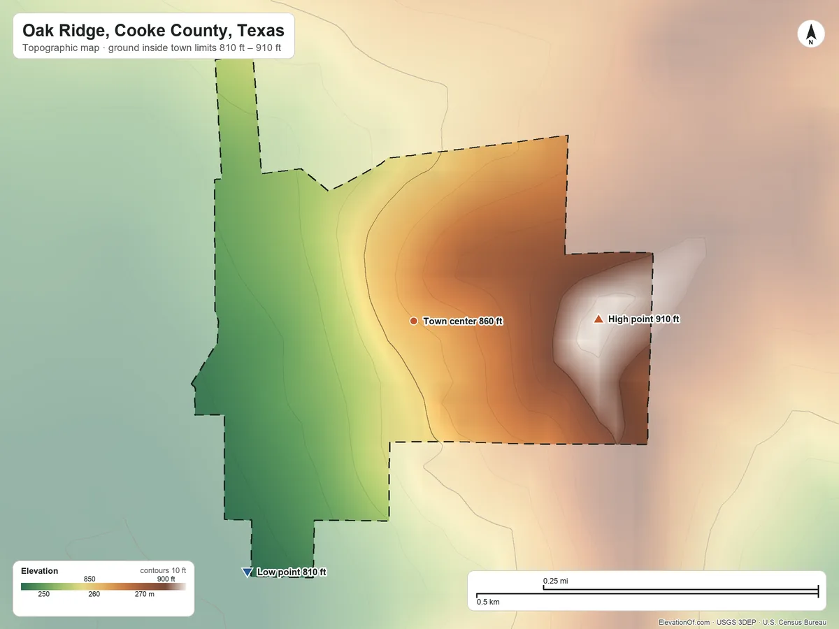 Topographic elevation map of Oak Ridge, Cooke County, Texas, shaded from 810 ft on the southwest side to 910 ft on the east side