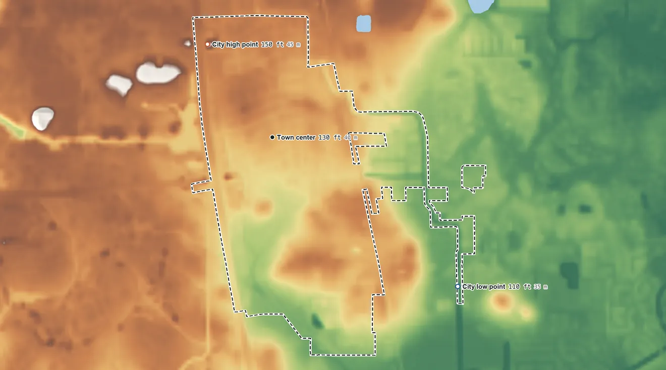 Topographic elevation map of Oak Ridge North, Texas, shaded from 110 ft on the southeast side to 150 ft on the northwest side