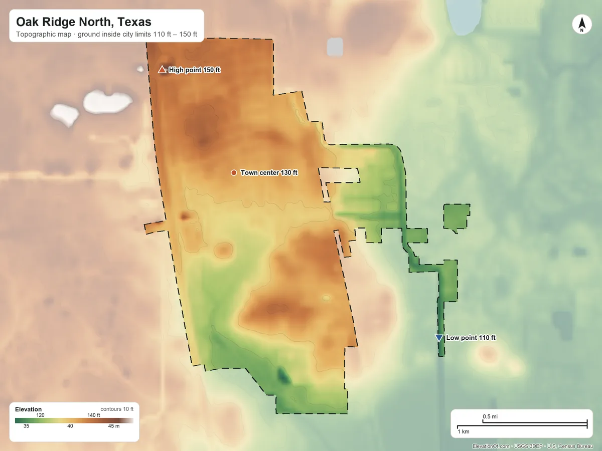 Topographic elevation map of Oak Ridge North, Texas, shaded from 110 ft on the southeast side to 150 ft on the northwest side