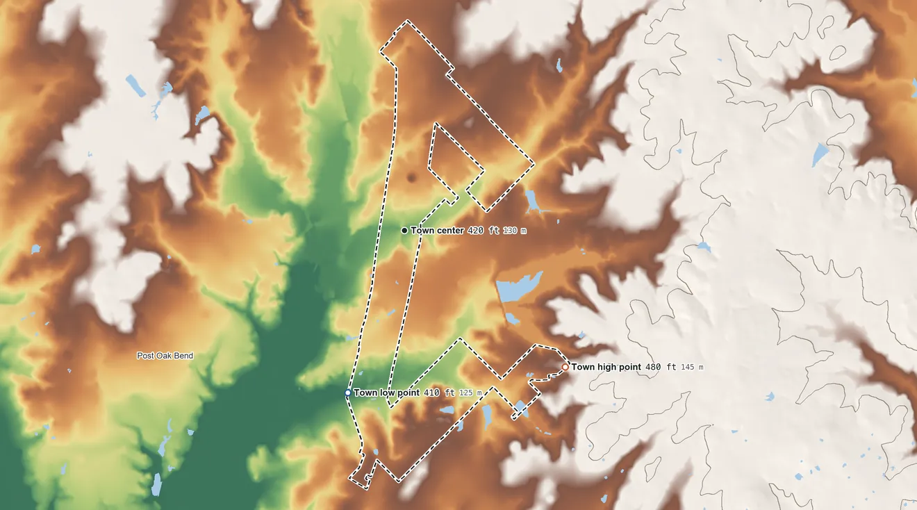 Topographic elevation map of Oak Ridge, Texas, shaded from 410 ft on the south side to 480 ft on the southeast side