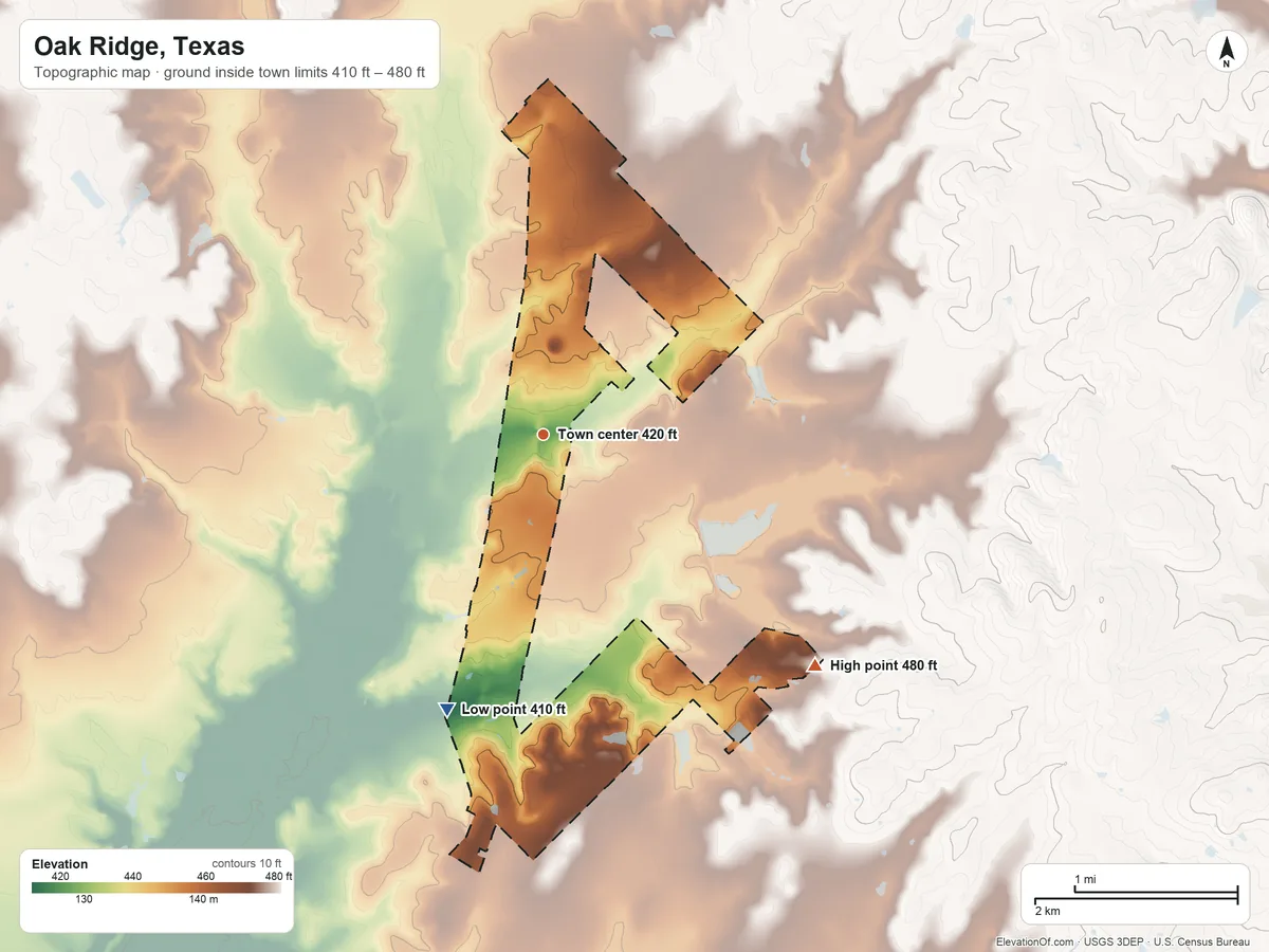 Topographic elevation map of Oak Ridge, Texas, shaded from 410 ft on the south side to 480 ft on the southeast side