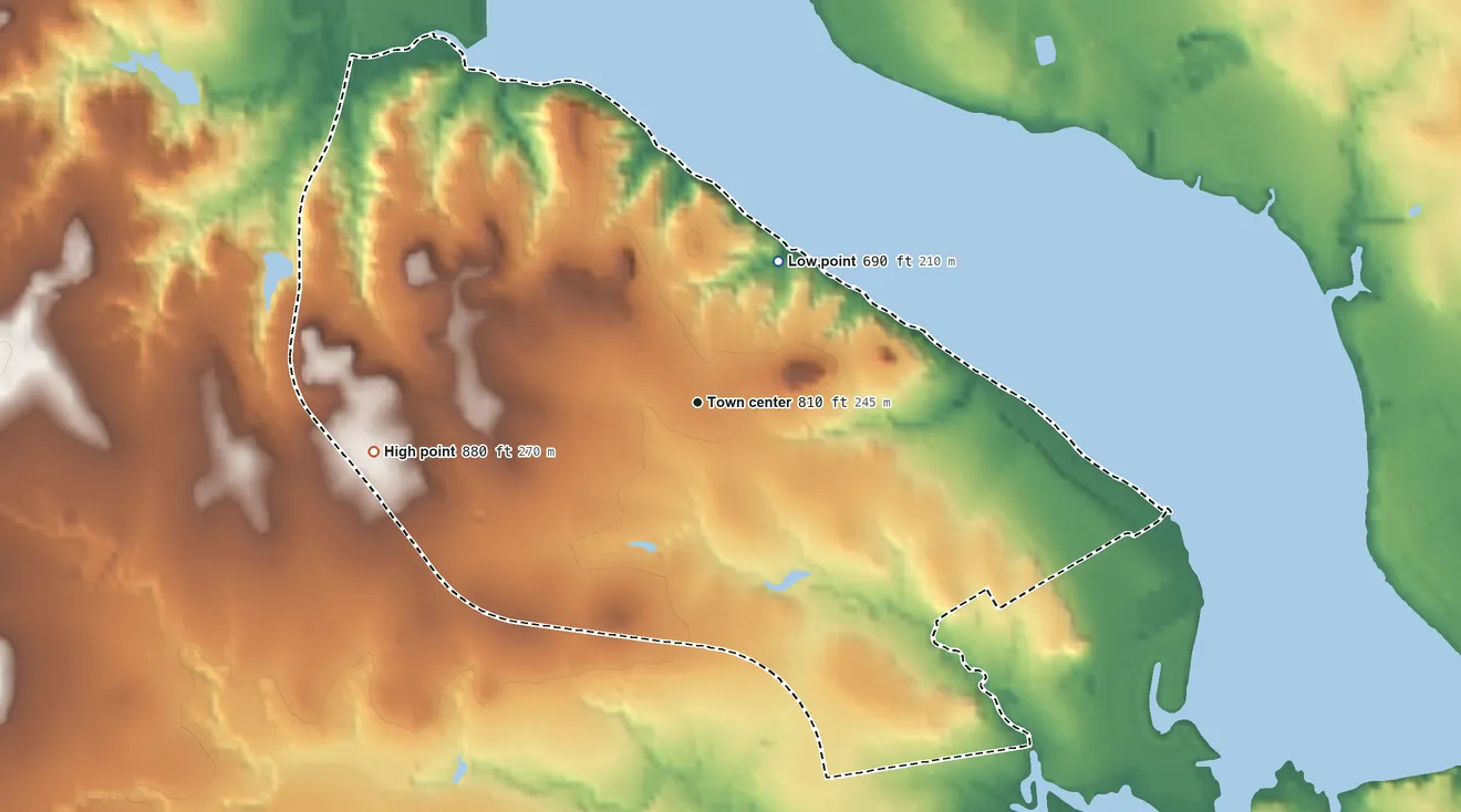 Topographic elevation map of Oak Trail Shores, Texas, shaded from 690 ft on the northeast side to 880 ft on the west side
