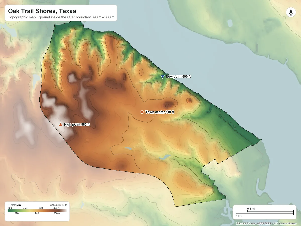 Topographic elevation map of Oak Trail Shores, Texas, shaded from 690 ft on the northeast side to 880 ft on the west side