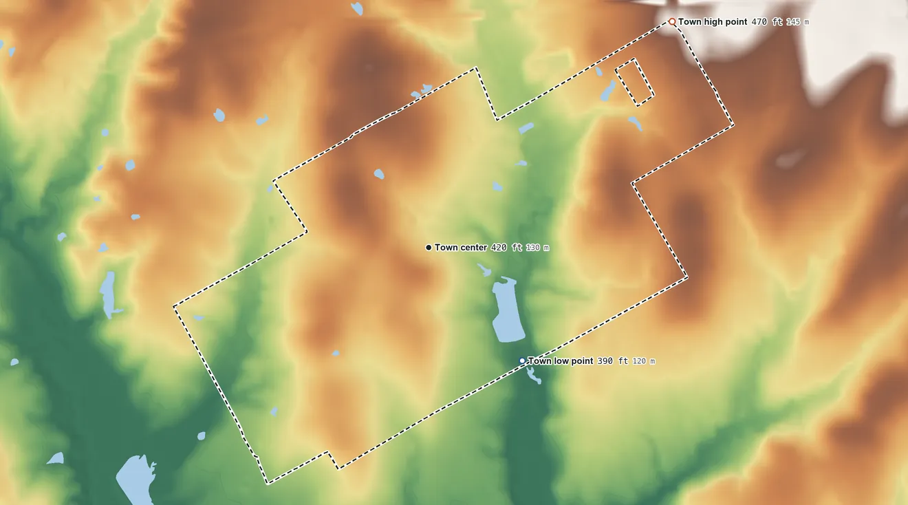 Topographic elevation map of Oak Valley, Texas, shaded from 390 ft on the southeast side to 470 ft on the northeast side