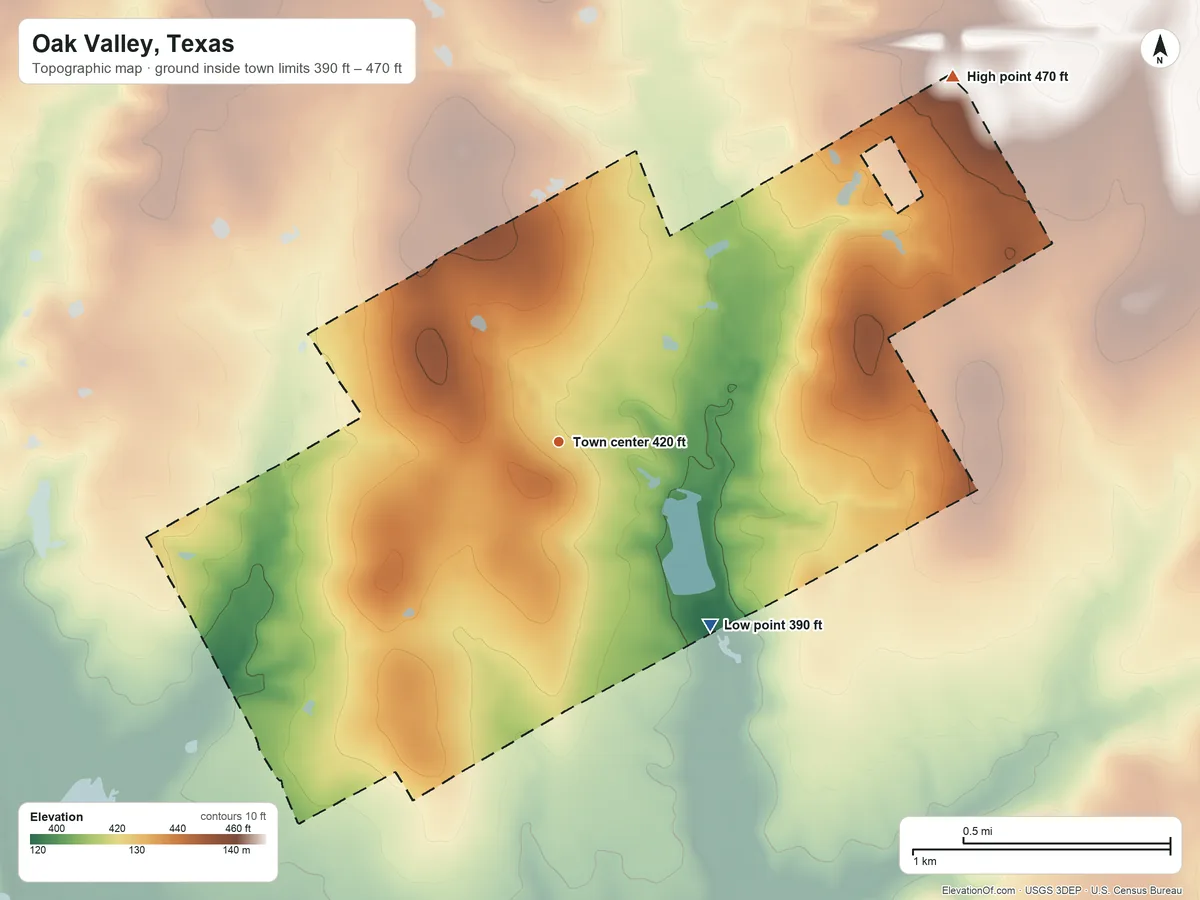 Topographic elevation map of Oak Valley, Texas, shaded from 390 ft on the southeast side to 470 ft on the northeast side