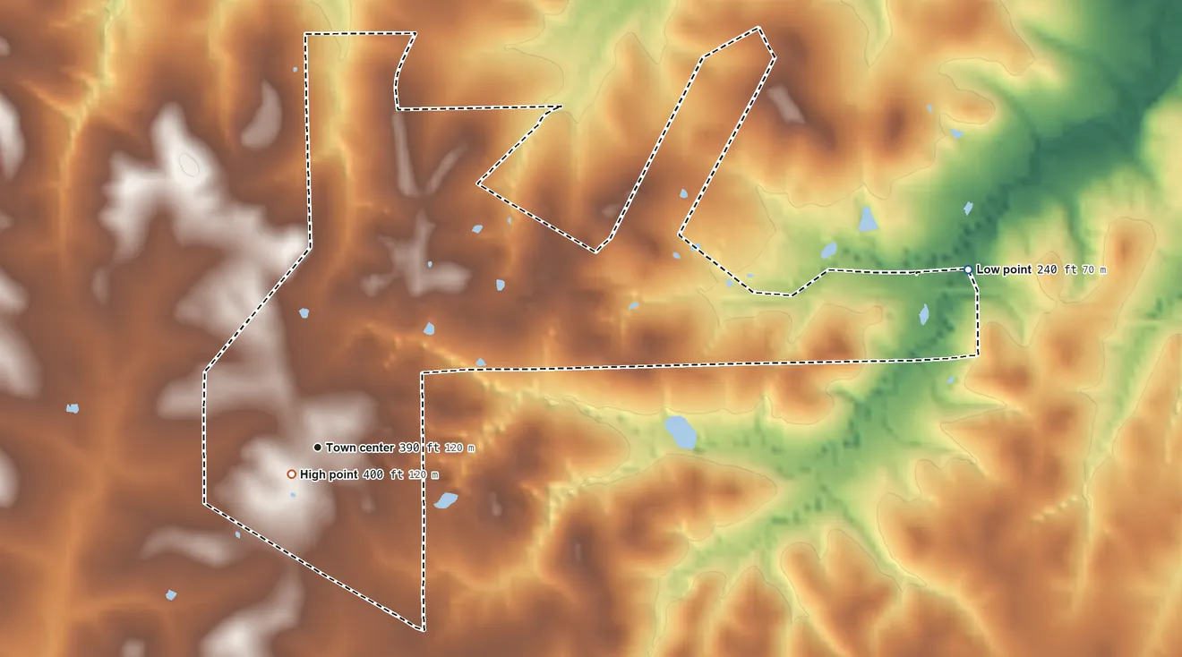 Topographic elevation map of Oakhurst, Texas, shaded from 240 ft on the east side to 400 ft near the middle