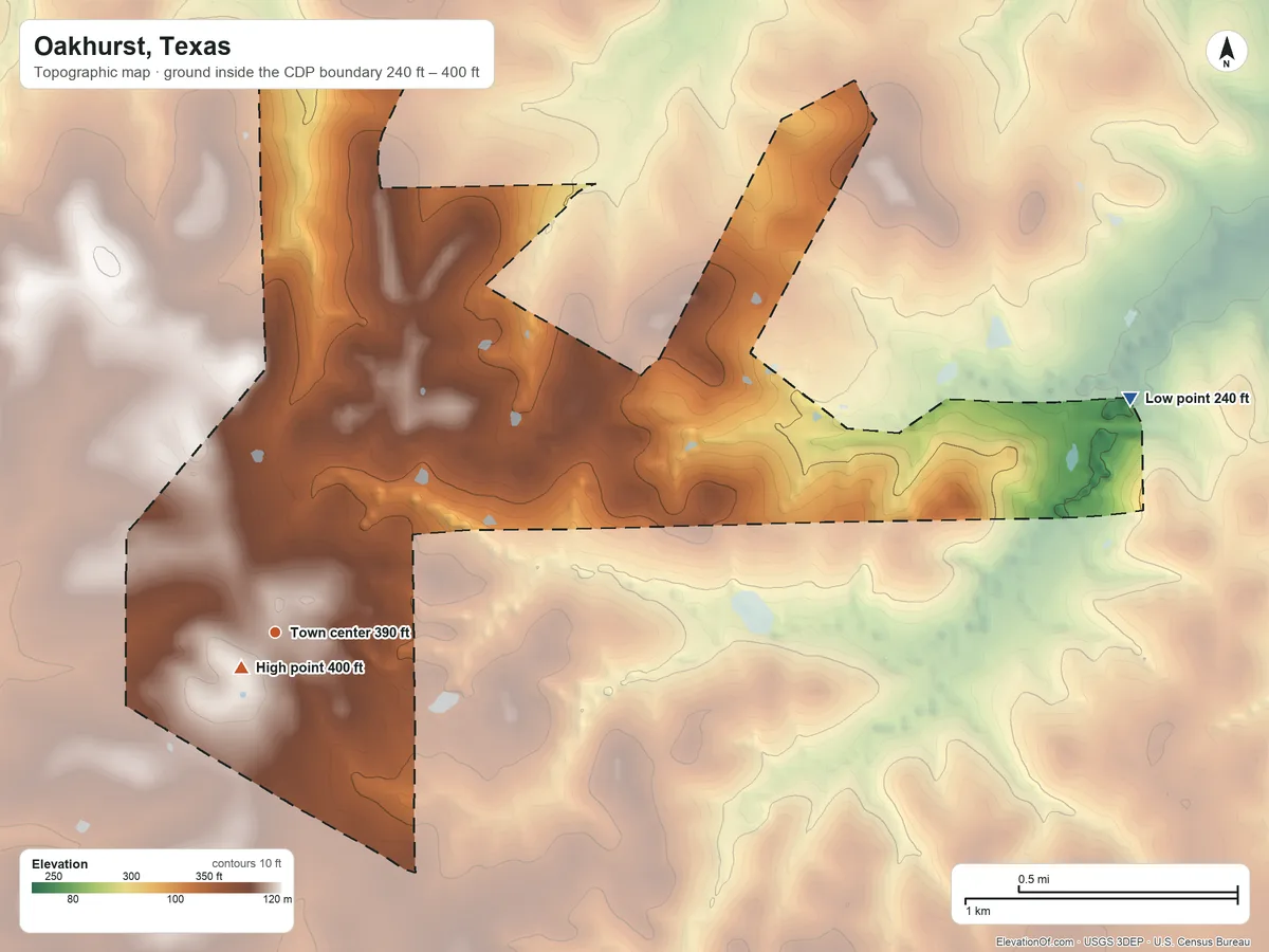 Topographic elevation map of Oakhurst, Texas, shaded from 240 ft on the east side to 400 ft near the middle