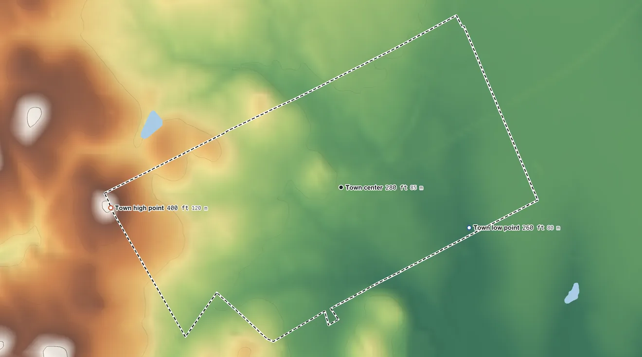 Topographic elevation map of Oakwood, Texas, shaded from 260 ft on the east side to 400 ft on the west side