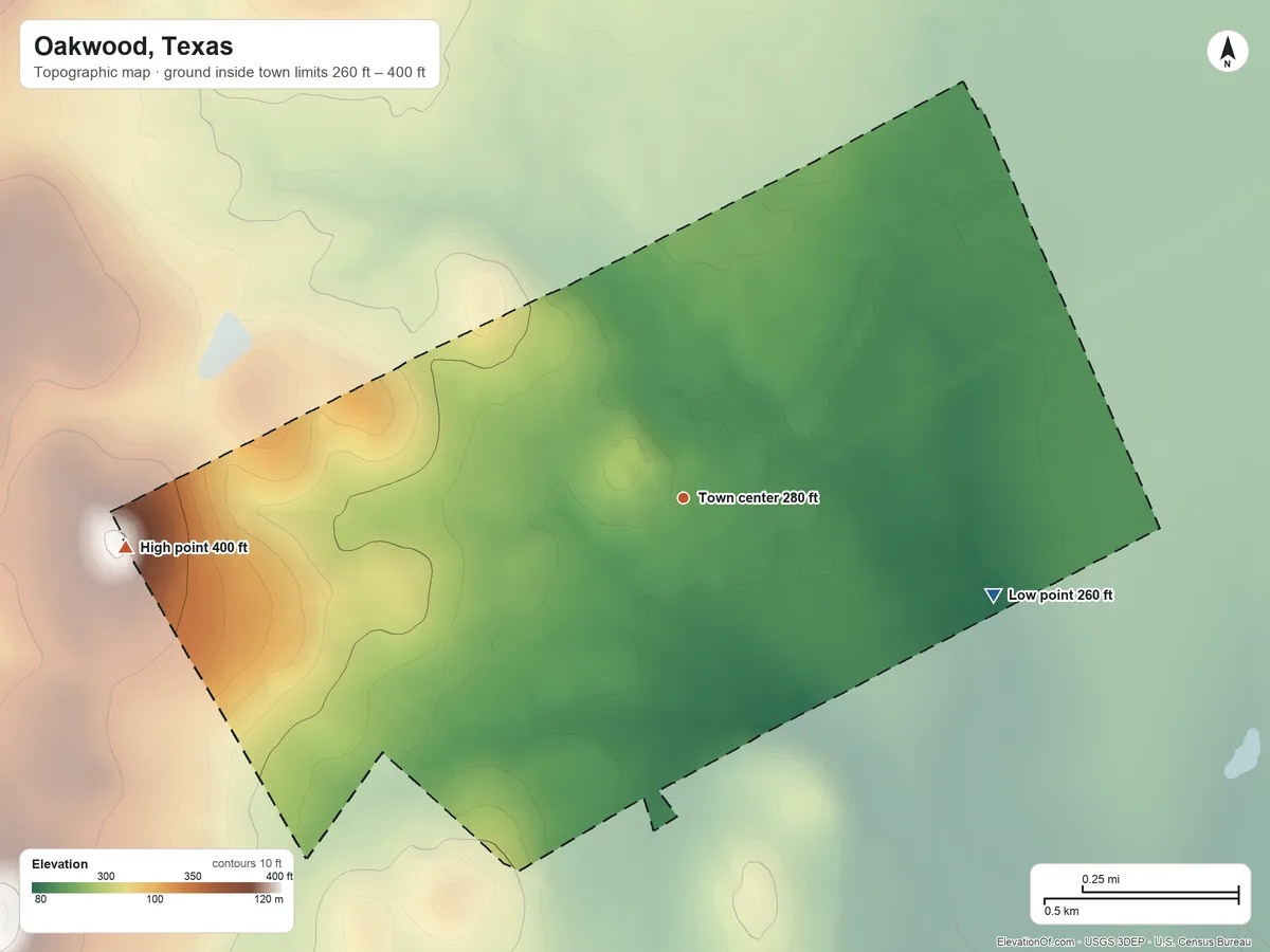Topographic elevation map of Oakwood, Texas, shaded from 260 ft on the east side to 400 ft on the west side