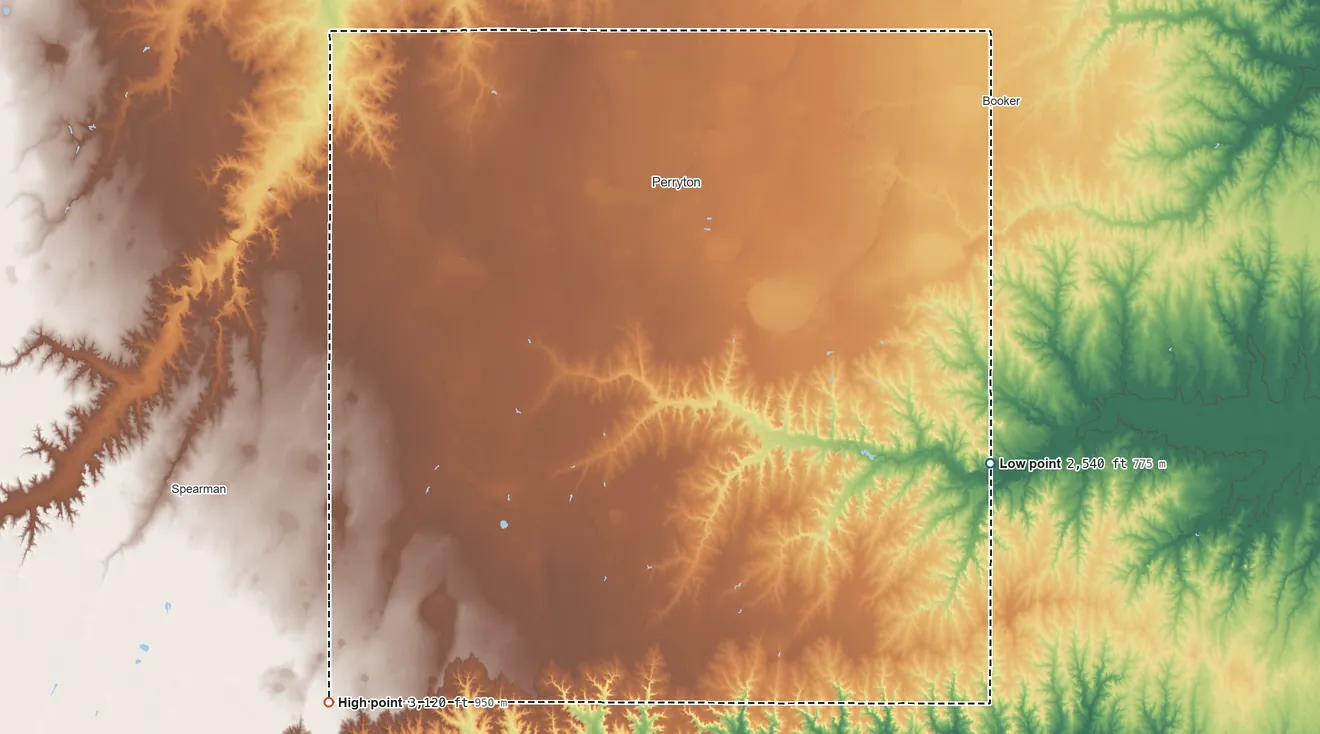 Topographic elevation map of Ochiltree County, Texas, shaded from 2,540 ft on the east side to 3,120 ft on the southwest side