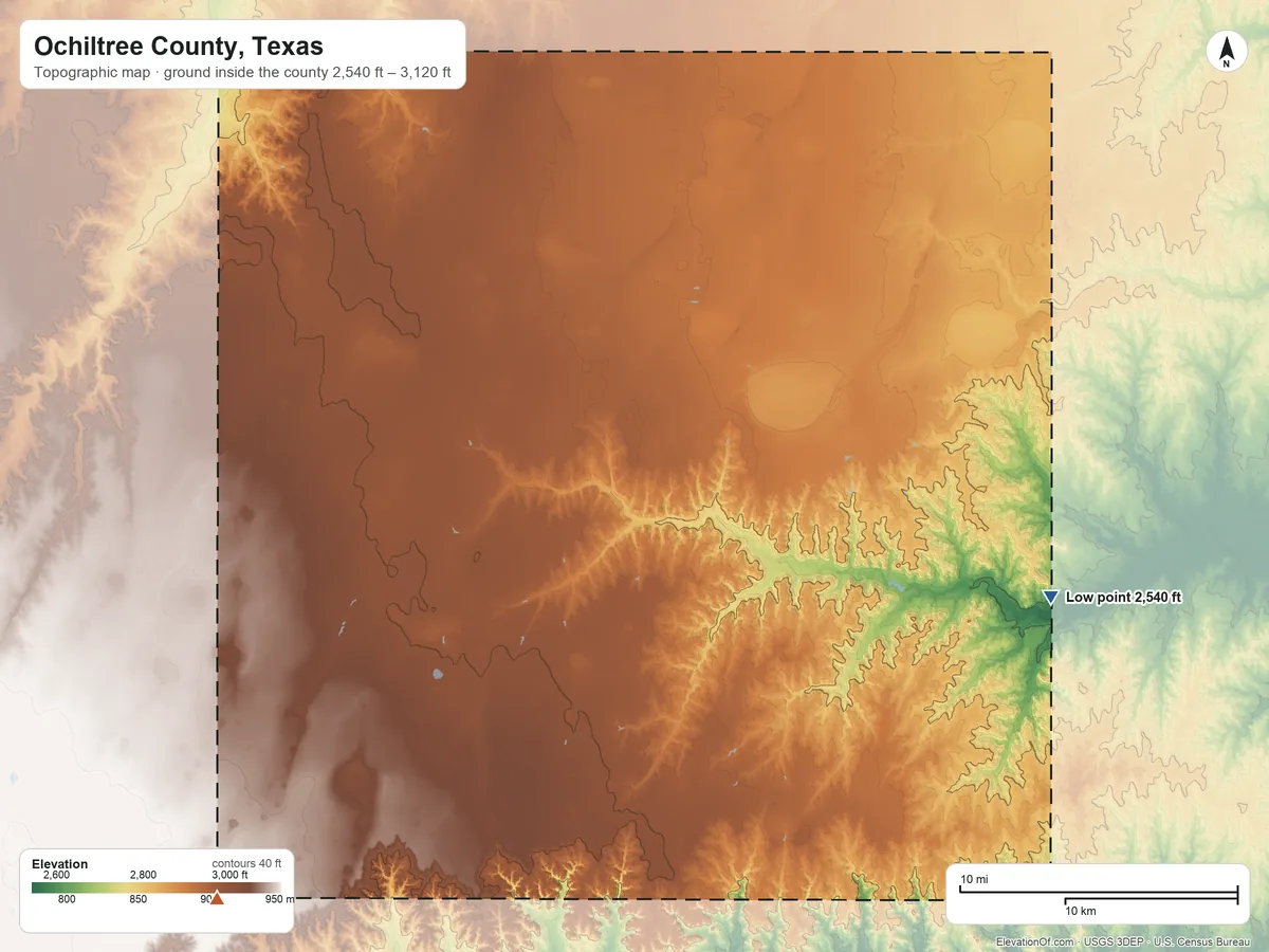 Topographic elevation map of Ochiltree County, Texas, shaded from 2,540 ft on the east side to 3,120 ft on the southwest side