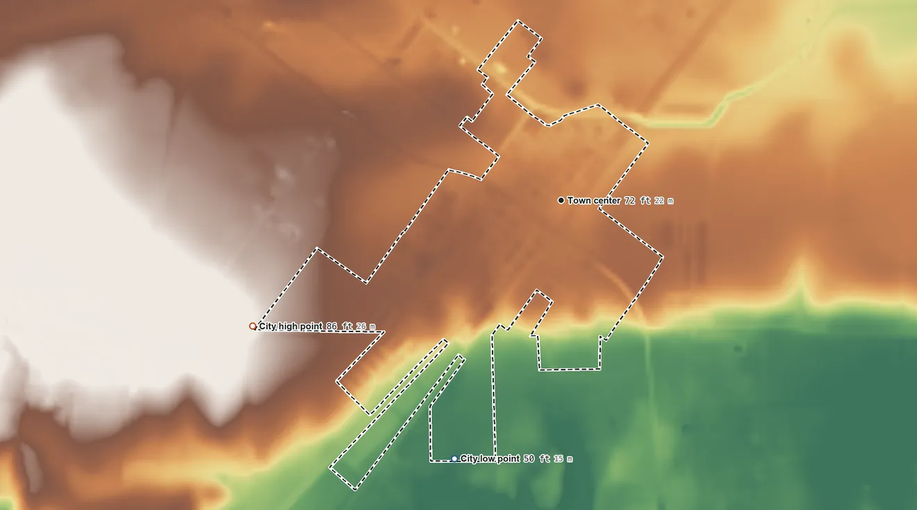 Topographic elevation map of Odem, Texas, shaded from 50 ft on the south side to 86 ft on the west side