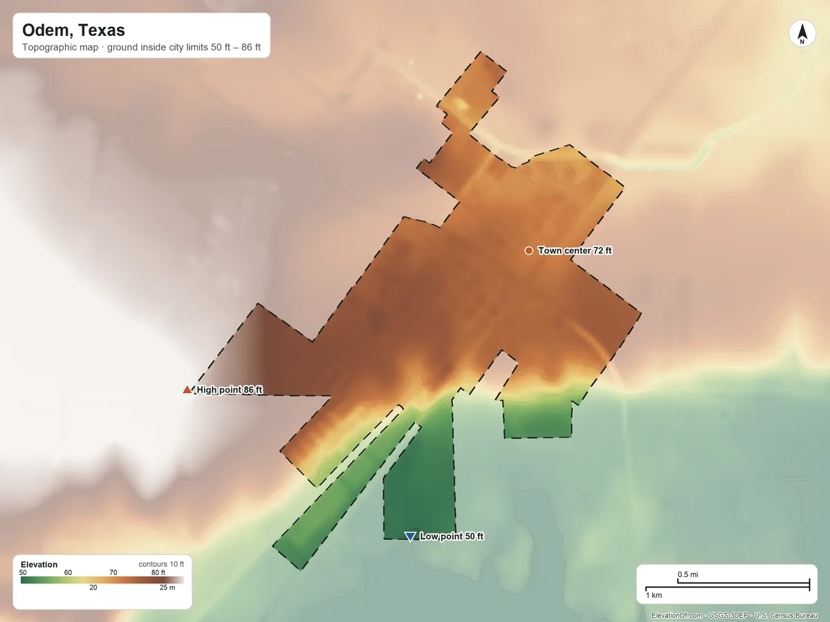 Topographic elevation map of Odem, Texas, shaded from 50 ft on the south side to 86 ft on the west side