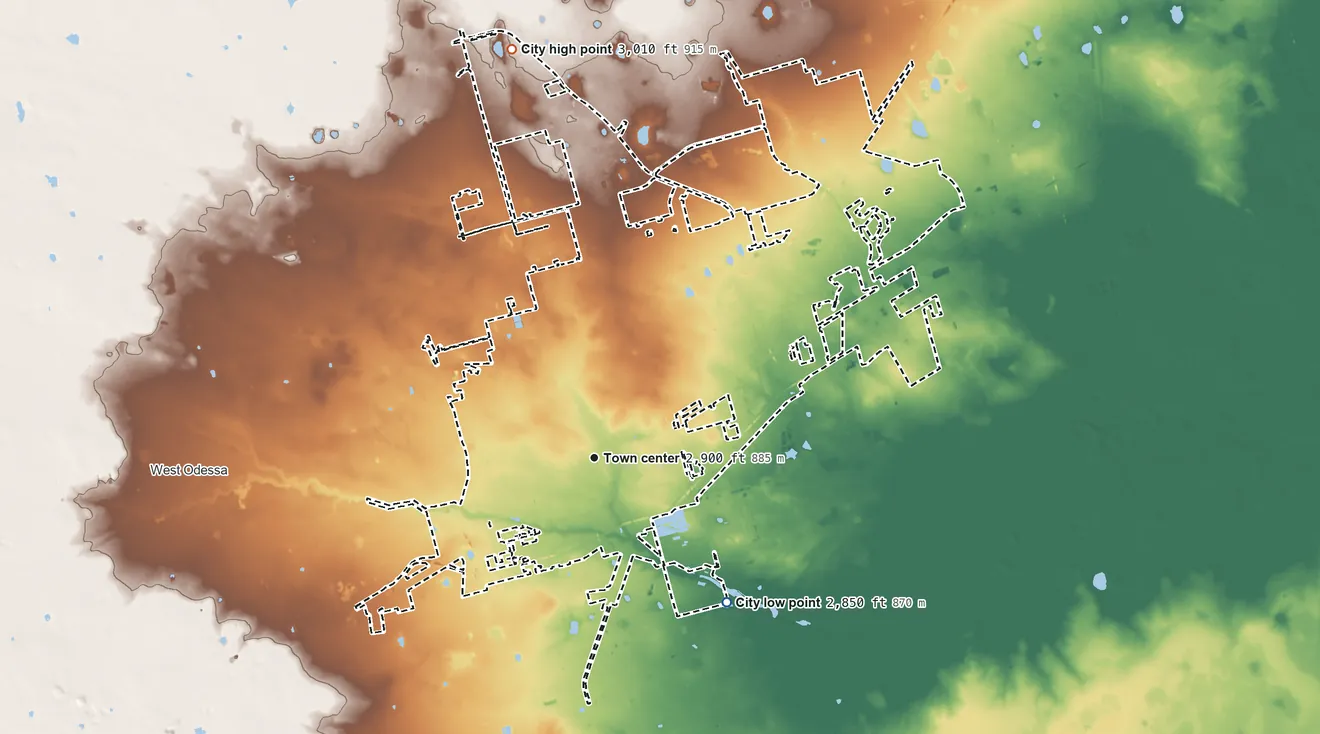 Topographic elevation map of Odessa, Texas, shaded from 2,850 ft on the southeast side to 3,010 ft on the north side