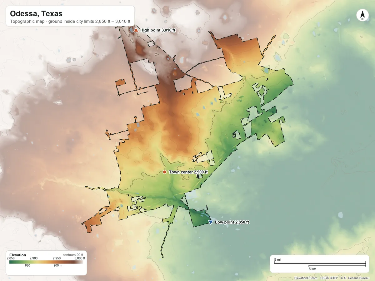Topographic elevation map of Odessa, Texas, shaded from 2,850 ft on the southeast side to 3,010 ft on the north side