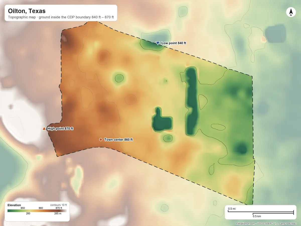 Topographic elevation map of Oilton, Texas, shaded from 840 ft on the northeast side to 870 ft on the west side