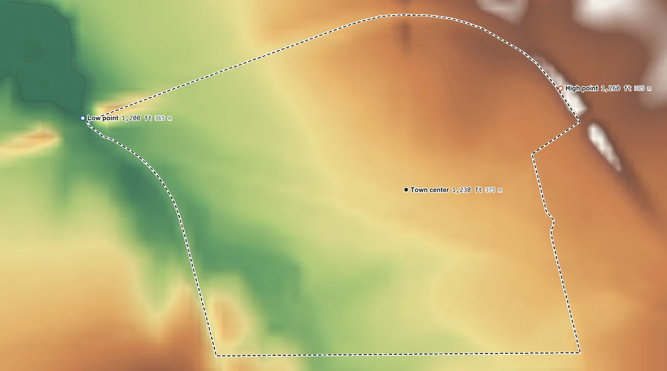 Topographic elevation map of Oklaunion, Texas, shaded from 1,200 ft on the west side to 1,260 ft on the northeast side