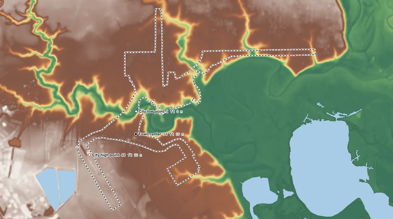 Topographic elevation map of Old River-Winfree, Texas, shaded from 1 ft near the middle to 40 ft on the southwest side