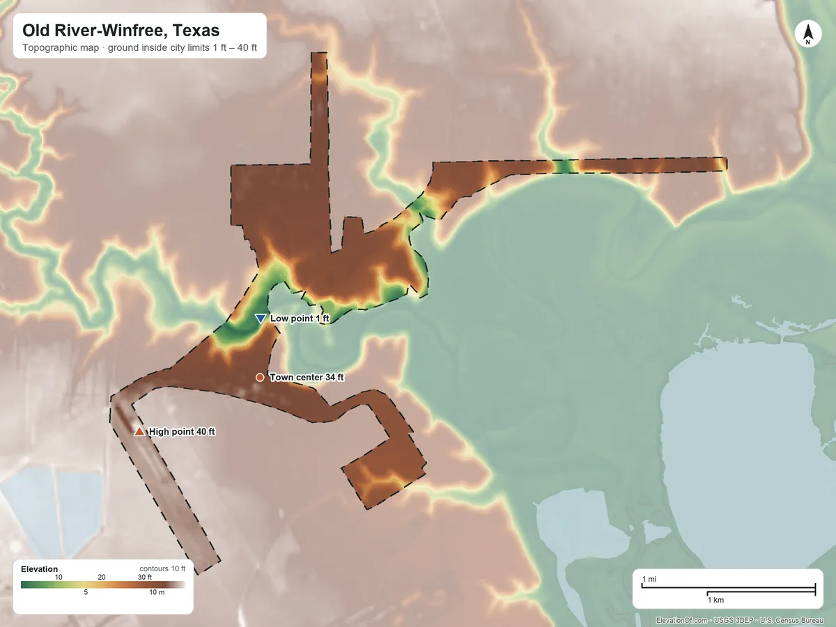 Topographic elevation map of Old River-Winfree, Texas, shaded from 1 ft near the middle to 40 ft on the southwest side
