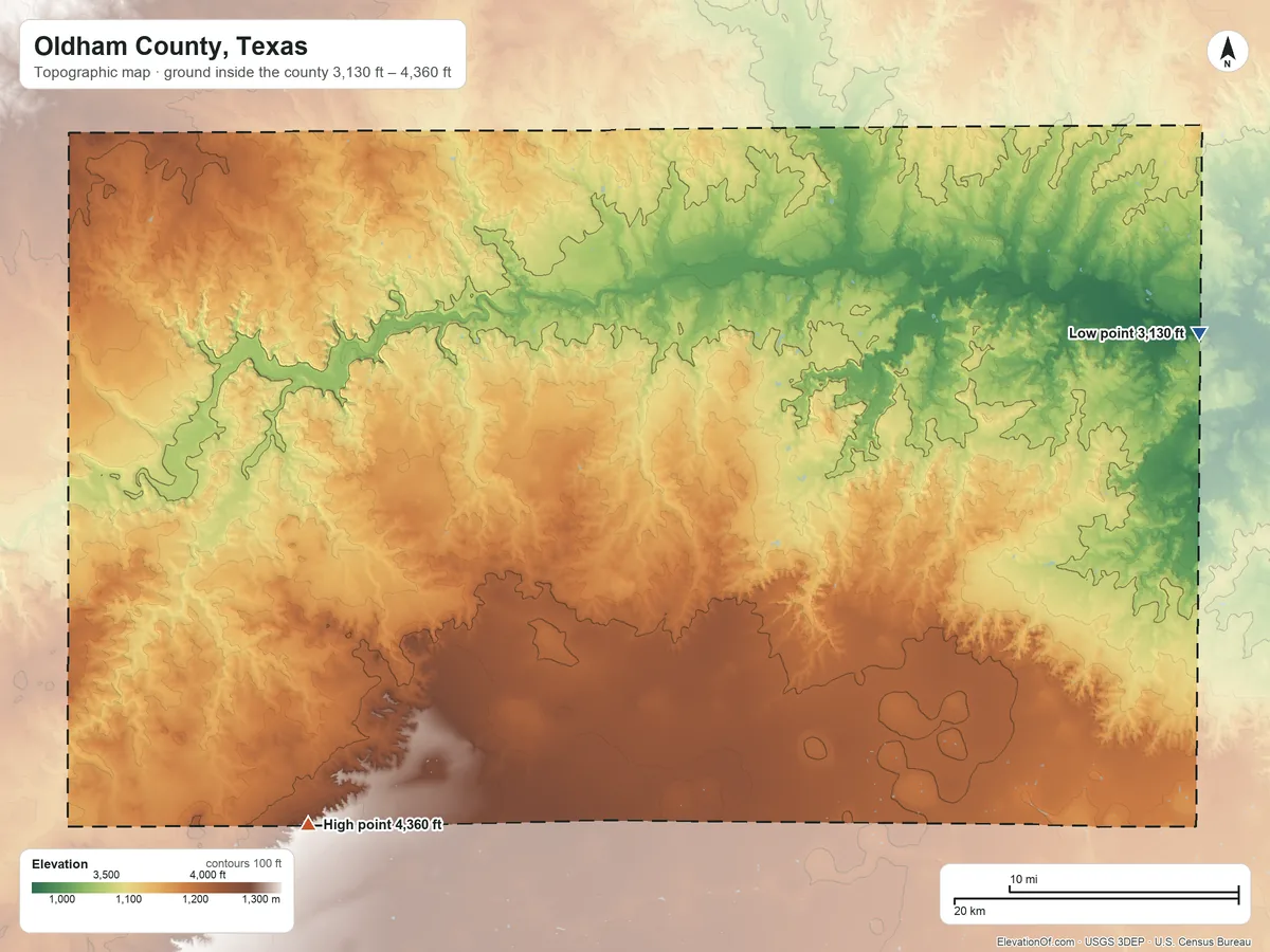 Topographic elevation map of Oldham County, Texas, shaded from 3,130 ft on the east side to 4,360 ft on the southwest side