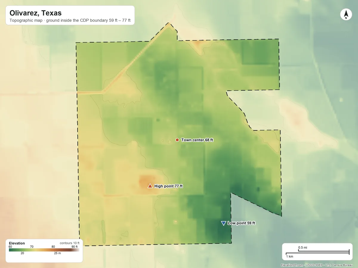 Topographic elevation map of Olivarez, Texas, shaded from 59 ft on the southeast side to 77 ft on the southwest side