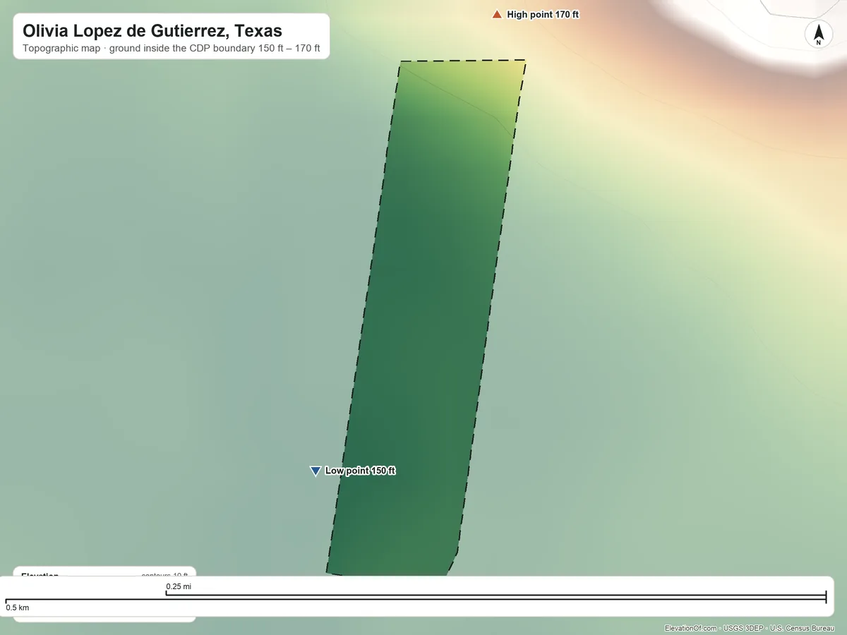 Topographic elevation map of Olivia Lopez de Gutierrez, Texas, shaded from 150 ft on the southwest side to 170 ft on the north side