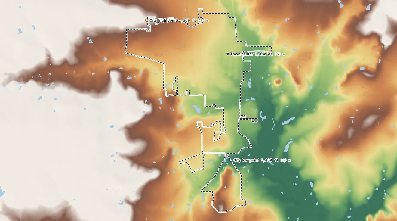 Topographic elevation map of Olney, Texas, shaded from 1,160 ft on the south side to 1,230 ft on the northwest side