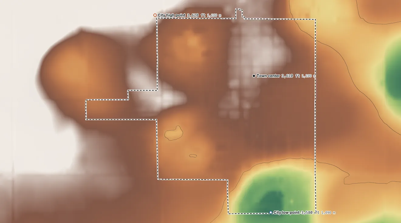 Topographic elevation map of Olton, Texas, shaded from 3,580 ft on the south side to 3,620 ft on the northwest side