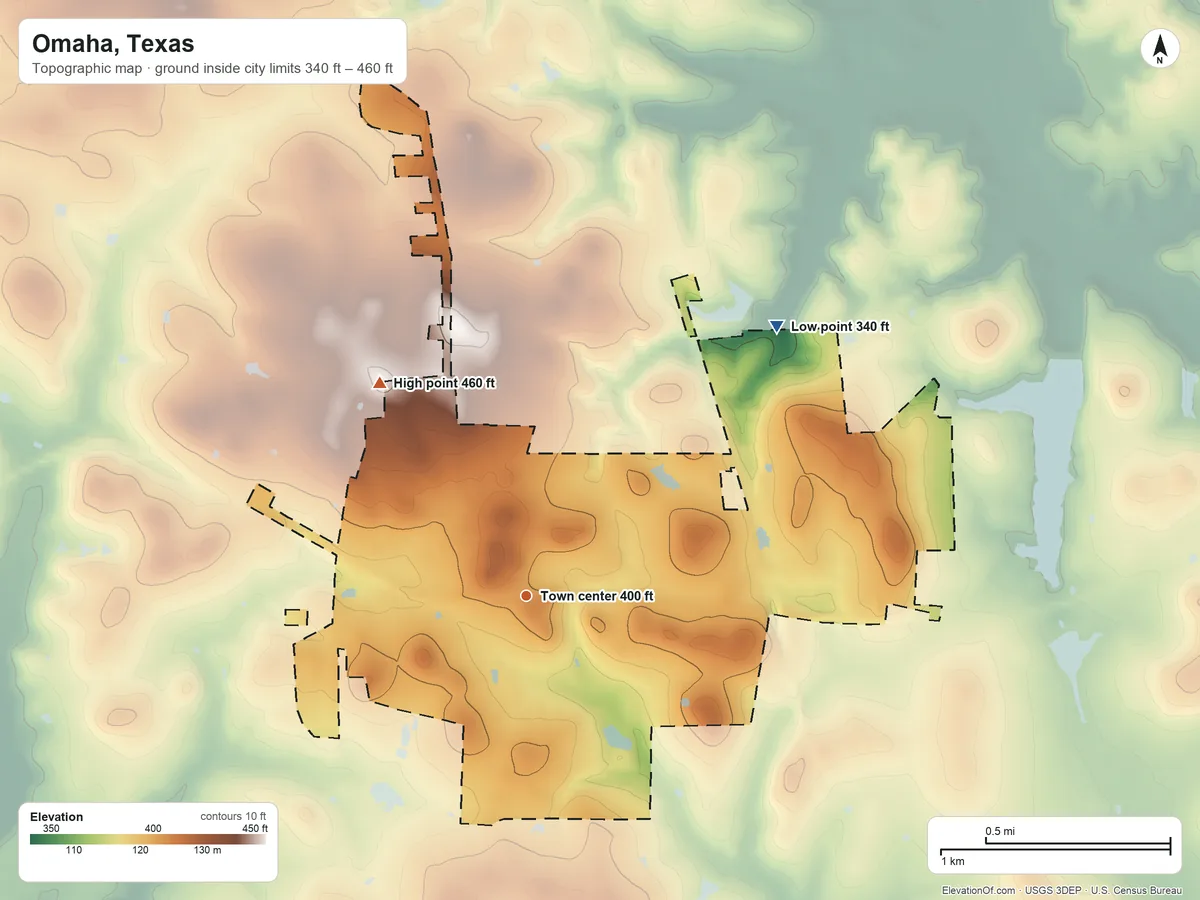 Topographic elevation map of Omaha, Texas, shaded from 340 ft on the northeast side to 460 ft on the northwest side