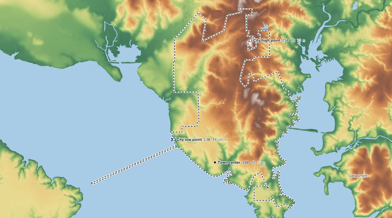 Topographic elevation map of Onalaska, Texas, shaded from 130 ft on the northwest side to 250 ft on the north side