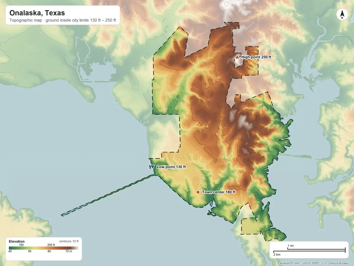 Topographic elevation map of Onalaska, Texas, shaded from 130 ft on the northwest side to 250 ft on the north side