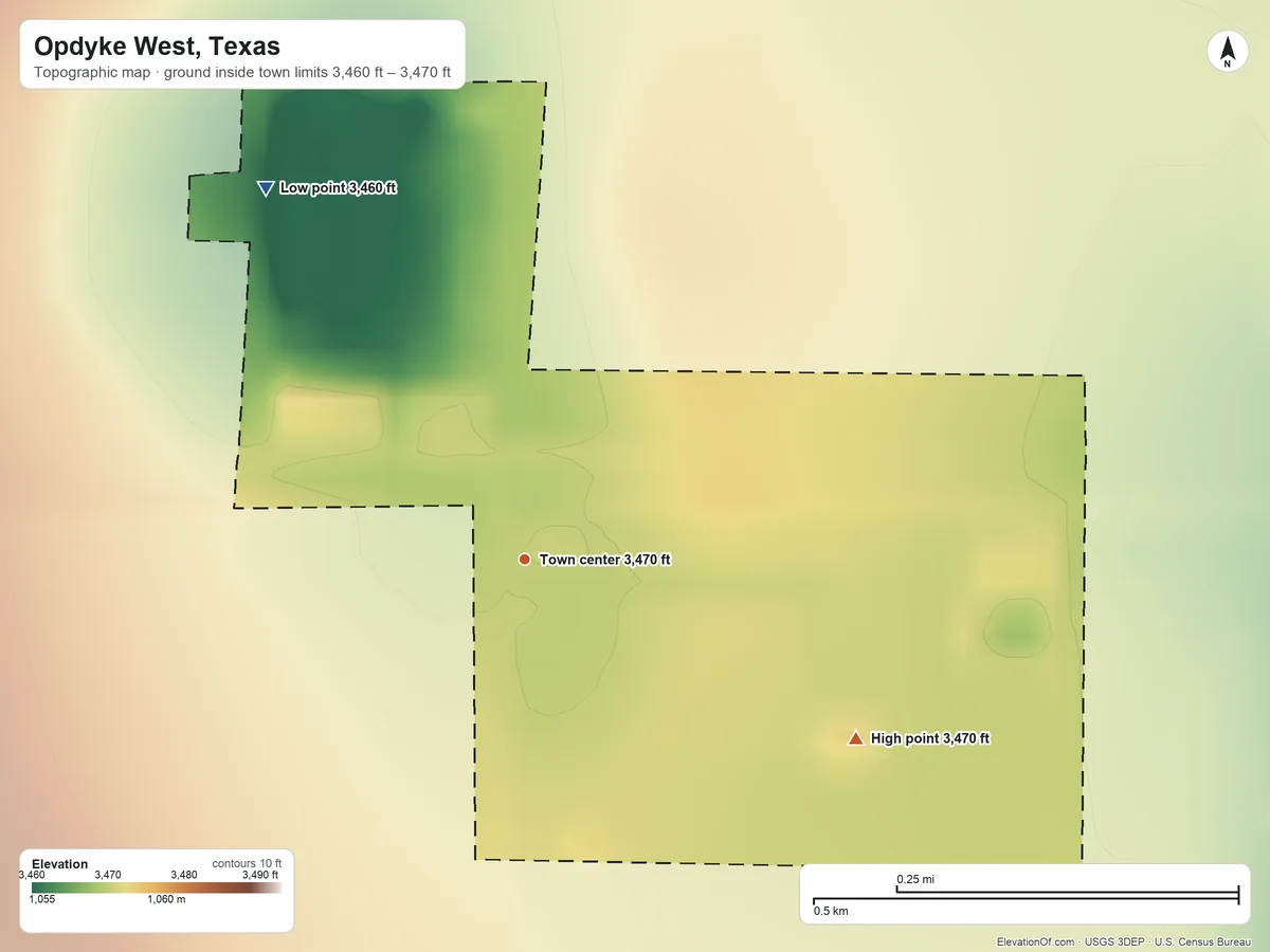 Topographic elevation map of Opdyke West, Texas, shaded from 3,460 ft on the northwest side to 3,470 ft on the southeast side