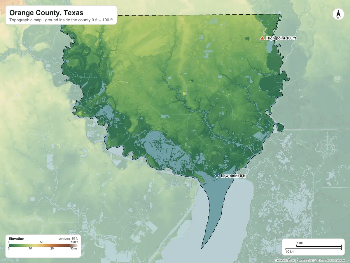 Topographic elevation map of Orange County, Texas, shaded from 0 ft on the southeast side to 100 ft on the northeast side