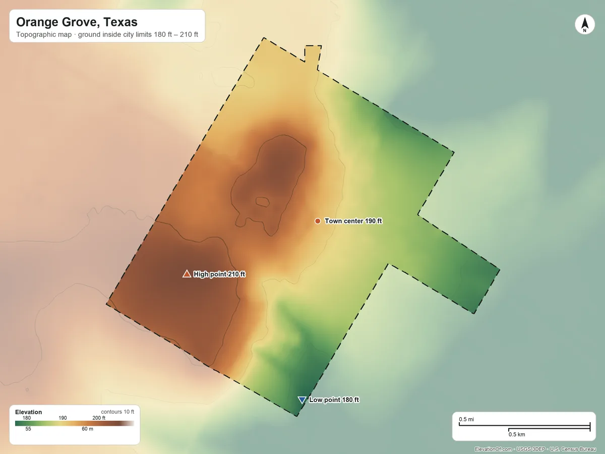 Topographic elevation map of Orange Grove, Texas, shaded from 180 ft on the south side to 210 ft on the west side