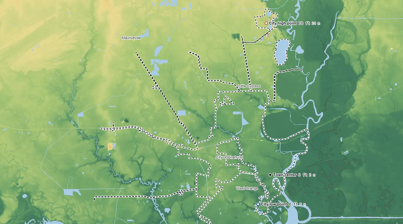 Topographic elevation map of Orange, Texas, shaded from 0 ft on the southwest side to 78 ft on the north side