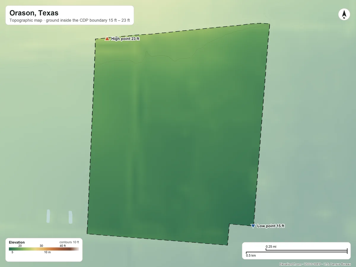 Topographic elevation map of Orason, Texas, shaded from 15 ft on the southeast side to 23 ft on the north side