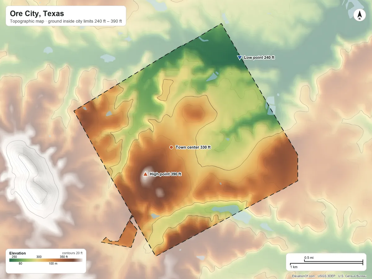 Topographic elevation map of Ore City, Texas, shaded from 240 ft on the northeast side to 390 ft on the southwest side