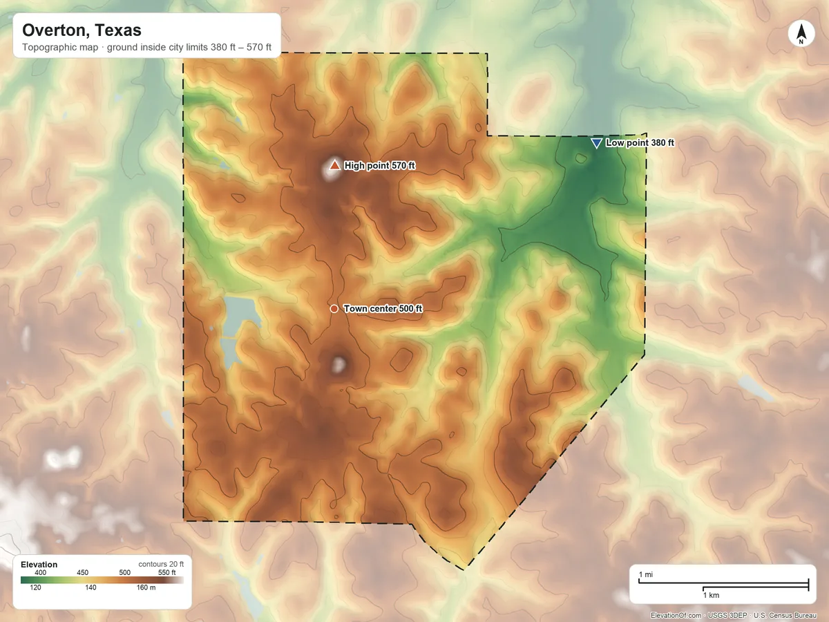 Topographic elevation map of Overton, Texas, shaded from 380 ft on the northeast side to 570 ft on the north side